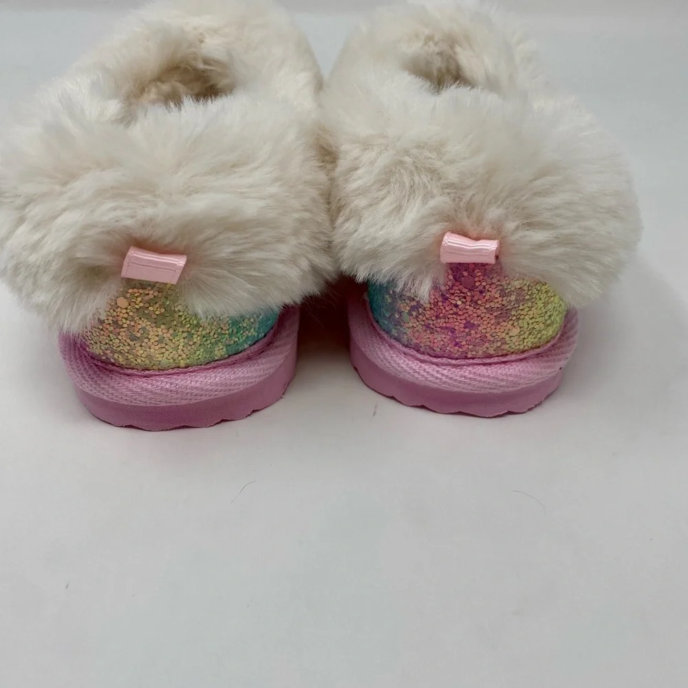 Toddler Girls Rainbow Glitter Slippers with Faux Fur Size 6